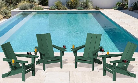 SERWALL Folding Adirondack Chair Set of 4 with Dual Cup Holders, Modern Adirondack Chairs, HDPE All-Weather Fire Pit Chairs for Outdoor, Patio, Garden, Green