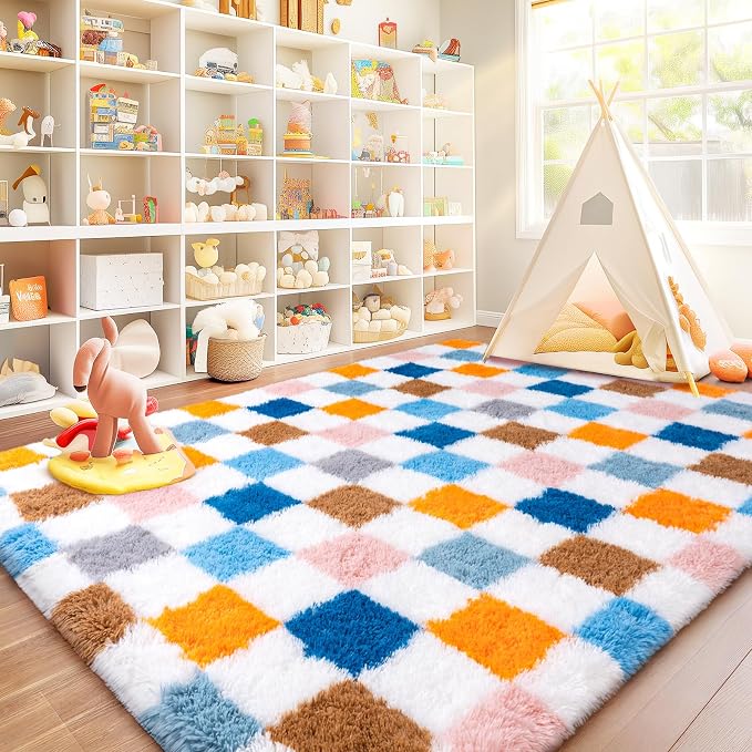 Checkered Rug 5x7 for Bedroom, Ultra Shag Large Rainbow Area Rug for Living Room, Modern Plush Soft Upgrade Non-Slip Fluffy Fuzzy Carpet for Kids Girls Room, Dorm Home Decor