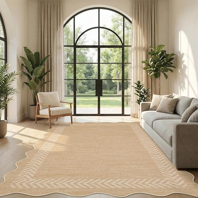 Garvee Area Rugs 9x12 Living Room Washable Rug Easy Jute Rugs, Beige | Scalloped Area Rug Stain Resistant Easy Cleaning Throw Rugs Low Pile Floor Cover for Nursery Dining Room Apartment