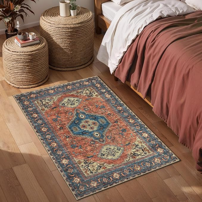 Tangsoo Oriental 2x3 Washable Entryway Rugs, Non Slip Small Area Rug | Vintage Indoor Front Door Rug, Boho Print Door Mat Low Pile Throw Rugs for Entrance Entry Kitchen Bedroom Bathroom Terracotta