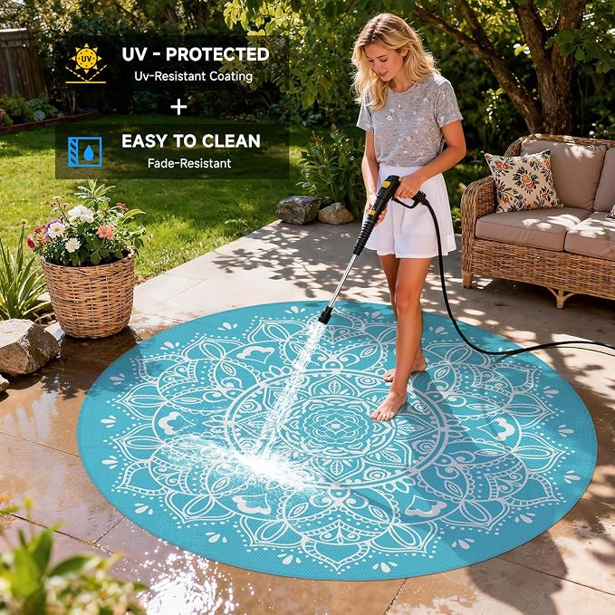 Pauwer Waterproof Outdoor Rug 8ft, Reversible Plastic Straw Patio Camping Rug, Indoor Outdoor RV Mat Carpet for Deck, Camper, Porch, Balcony, Backyard, Picnic, Floral Teal
