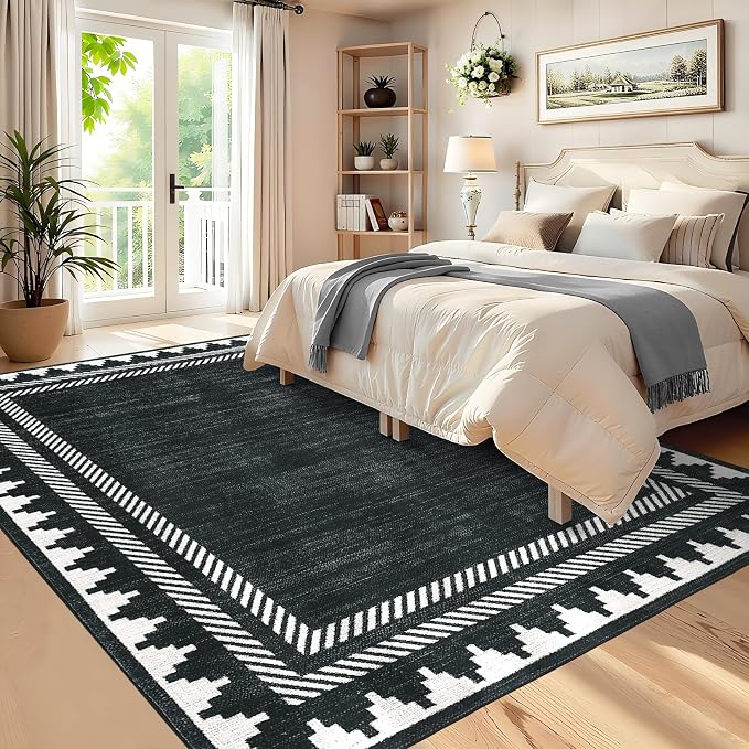 GarveeHome Washable Area Rug 9x12 Black Rugs Unique Bordered Neutral Living Room Rug,Modern Geometric Rug for Farmhouse Non Slip Soft Non Shedding Low Pile Neutral Carpet for Open Spaces Office