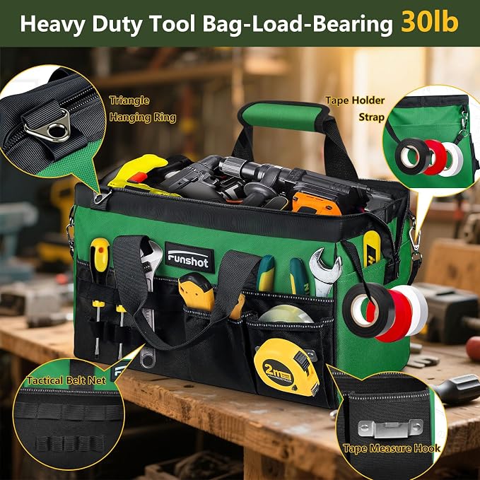 16 Inch Heavy Duty Tool Bag, Compact Tool Organizer with 17 Pockets, Wide Mouth Tool Tote with Adjustable Shoulder Strap, Portable Work Bag for Electricians, Mechanics, Contractors, DIY & Home Repair