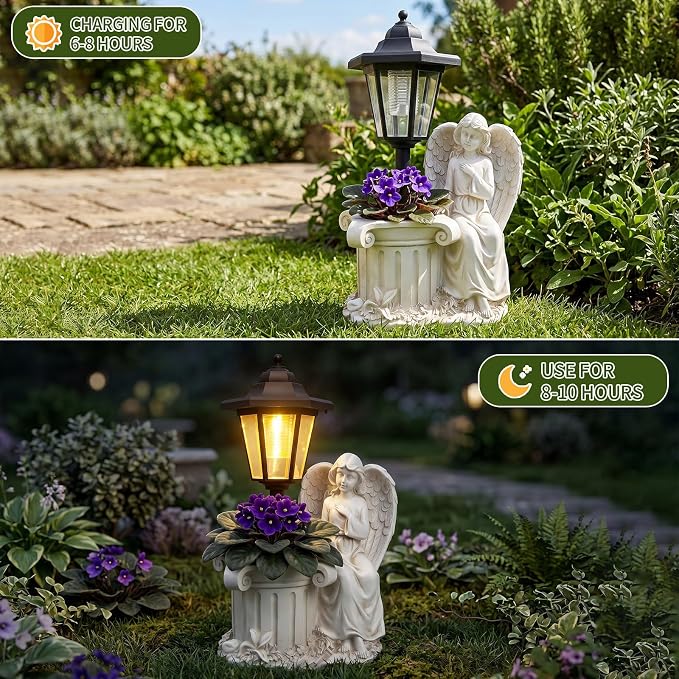 Solar Angel Outdoor Statues, Garden Sculptures with Lantern & Flower Pot, Angel Figurines for Yard Lawn Porch Patio Balcony Decor- Gifts for Women Mom Grandma