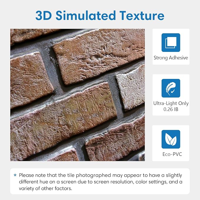 COMSTICKC 3D Brown Faux Brick Wall Panel Peel and Stick Wall Covering, 12 Pcs of 22.8" x 11.8", Not Real Brick, UrltraLight PVC Self Adhesive Brick Decorative Tile Interior, Covers 22.48 sq.ft