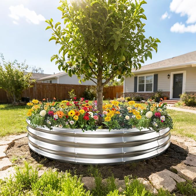 YSEJOMP 6FT Diameter Galvanized Garden Raised Bed/Plant Box/Fire Pit Ring-0.8mm Thick,12 Inch Tall,Crimped Edge and Corner,No Sharpe,Perfect for Plantings (Silver, 72 Dia X 11.5 inches)