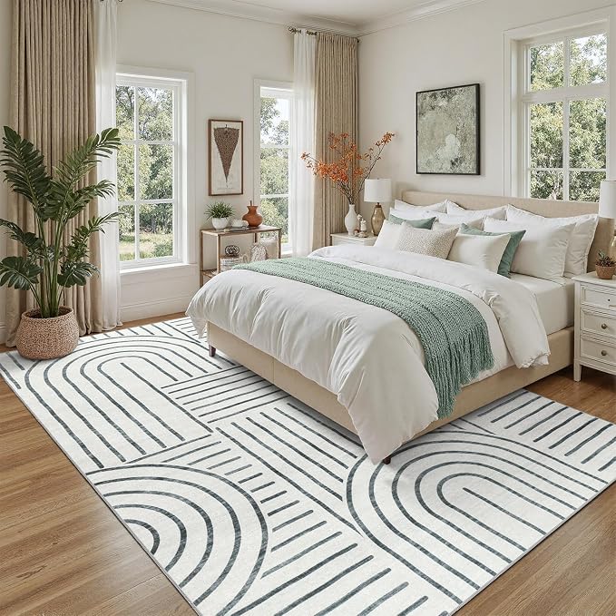 DCX Abstract Washable 9x12 Rug, Non Slip Low Pile Rug, Gray | Rugs for living room, bedroom, dining room, office, soft, mid century modern rug, sain resistant indoor carpet, home decor