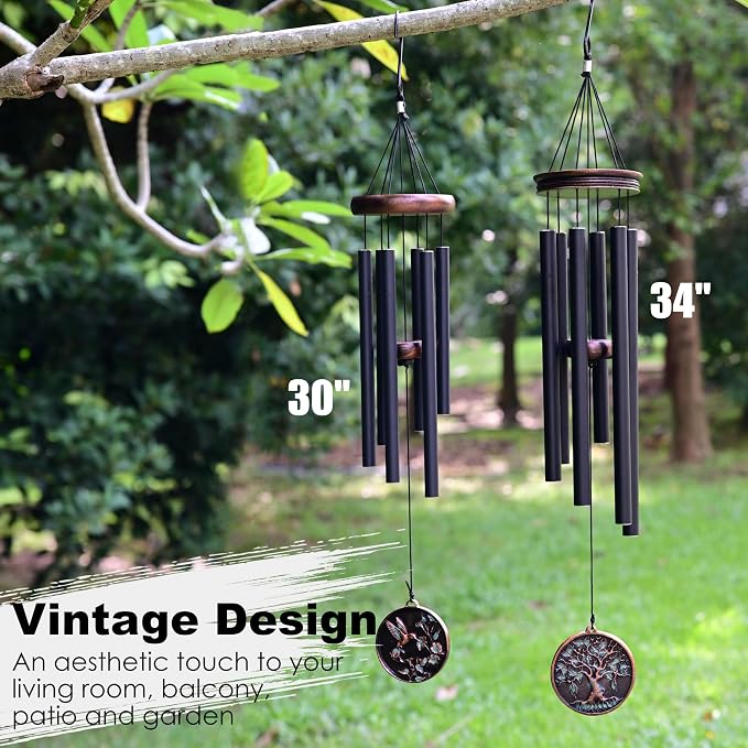 Vanquer Large Wind Chimes for Outside Deep Tone - 34'' Wind Chimes Outdoor Clearance, Tree of Life, Memorial, Sympathy Gift, Patio, Home Décor, Vintage Black (34" Tree of Life)