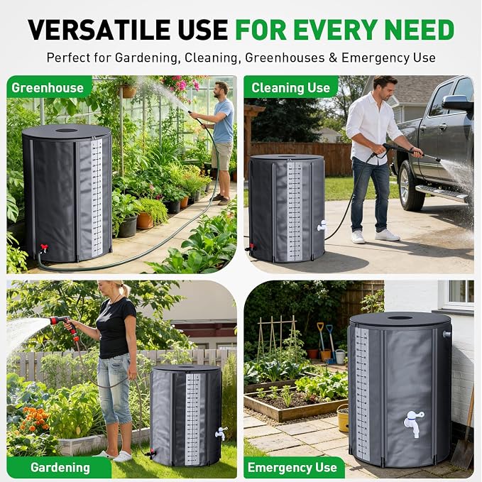 Yesker Collapsible Rain Barrel, 100 Gallon Portable Rainwater Collection System, 550D PVC Water Storage Tank, Rain Catcher with Spigots Filter Overflow Kit, Grey