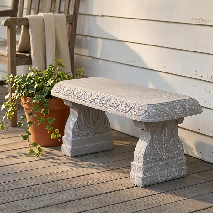 Limestone White Patio Bench - Small Outdoor Bench - Front Porch Seating for Garden Yard - Outdoor Seat Backless Decorative Pedestal Patio Furniture - Weather Resistant Realistic Stone Look