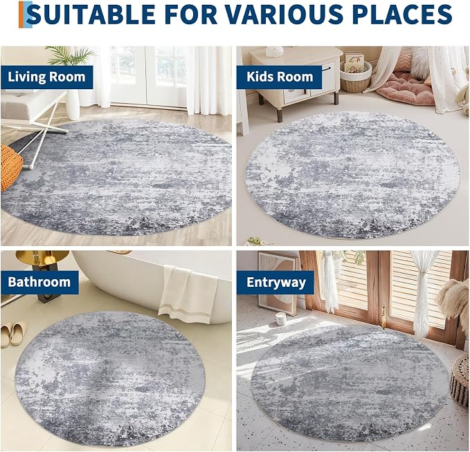 ROYHOME Modern Abstract 4x4 Round Area Rug Non Slip, Light Grey | Non Shedding Rug Low Pile Stain Resistant for Bedroom Living Room office Dining Room