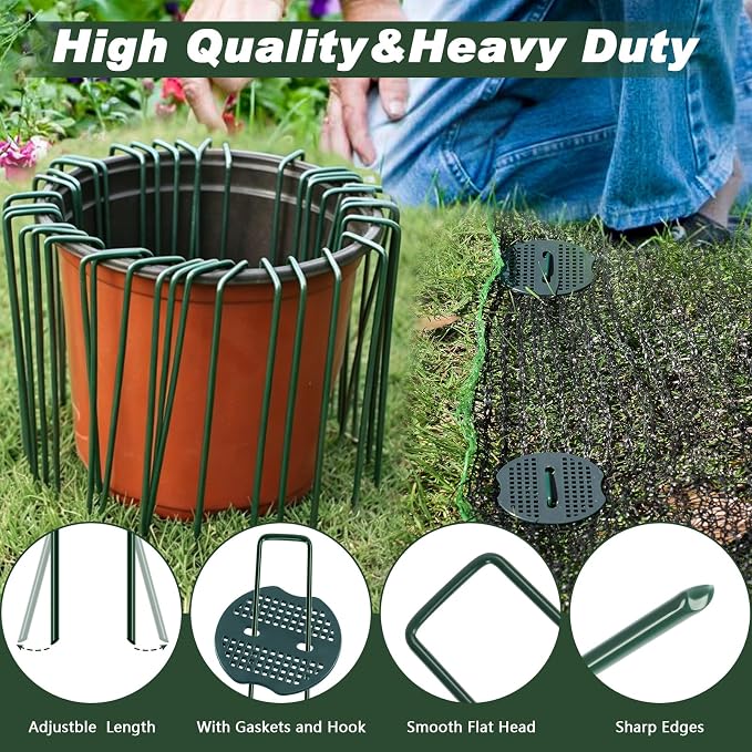 FEED GARDEN 6 Inch 100 Pcs Galvanized Landscape Staples 100 Pcs Gaskets Pick Hook Garden Stakes 11 Gauge Anti-Rust Landscaping Fabric SOD Pins U Shaped Yard Turf Stakes for Weed Barrier Fabric Green