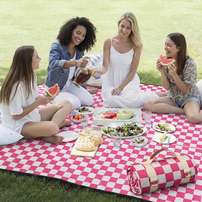Nuanchu Checkered Picnic Blanket Extra Large Outdoor Blanket Sandproof 80"x80" Waterproof Portable Machine Washable 3 Layer Thick Gingham Picnic Mat for Beach Camping Park Grass Travel(Bright Pink)