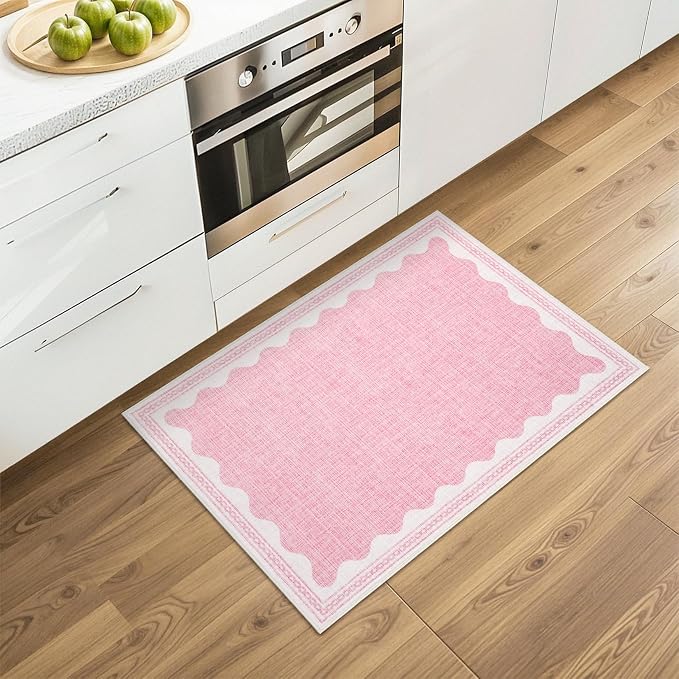 2x3 Scalloped Area Rugs Pink Washable Entryway Bedroom Rug | Solid Small Area Rug Non Slip Scalloped Bath Mat, Front Door Mat Indoor Entrance,Soft Girls Nursery Dorm Carpet for Kitchen
