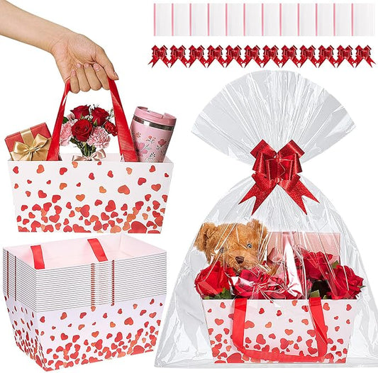 Qinyoung 12 Pack Valentine's Day Baskets for Gifts Empty Love Heart Gift Basket with Handles, Pull Bows, Cellophane Bags and Twist Ties for Valentine Party Favor Supplies, 9.8 x 6.5 Inch