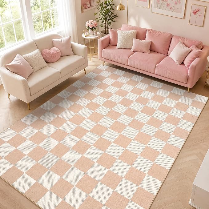 GarveeHome Checkered Blush Beige 5x7 Washable Rug Low-Pile Bedroom Nursery | Non-Slip Blush Beige Soft Stain Resistant Rug for Bedroom Bathroom Living Room Geometric Modern Rug TPE Backing