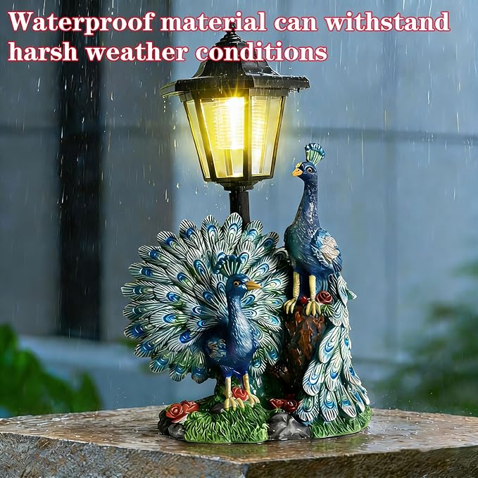 Solar Peacock Statue for Outdoor Garden Decor, 14.2 Inch Outside Peacock Ornaments with Lantern for Garden, Balcony, Patio, Yard, Lawn -Birthday Gifts for Women Grandparents