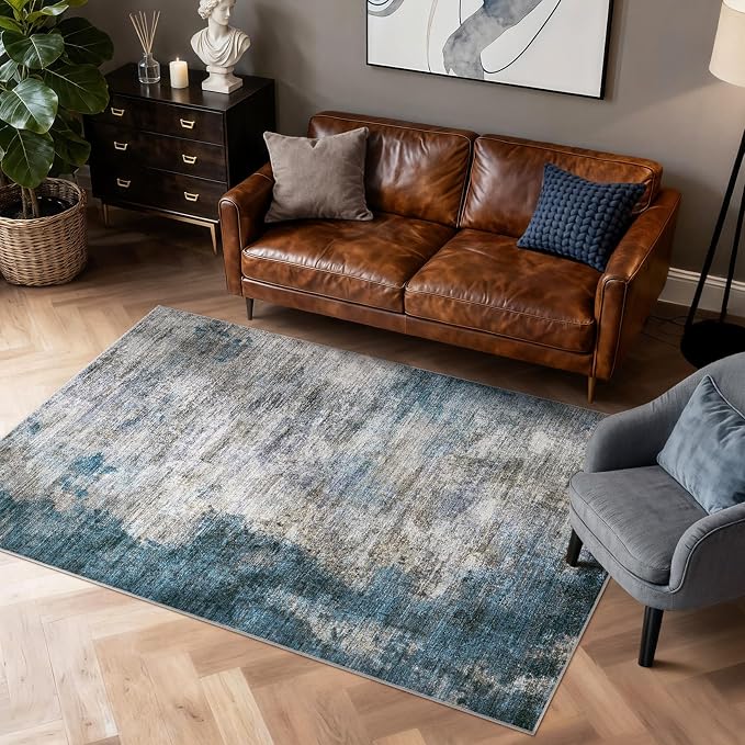 DMOYEST 6x9 Area Rug for Living Room Washable Abstract Indoor Carpet | Neutral Modern Low Pile Rugs Kid & Pet Friendly Soft Thin Carpet for Bedroom Dining Room and Office - Dark Grey Blue