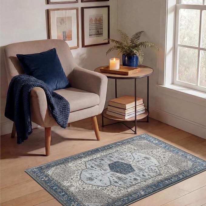 Keen Home Design Vintage Washable Entryway Rug, Non-Slip Low Pile, 2x3 | Machine Washable Cotton Chenille, 0.25In Low Pile, Rubber Non-Slip Back; Kitchen, Entryway, Bathroom, Bedside