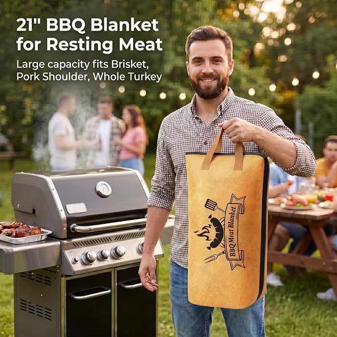 RINPIR 21pcs BBQ Grill Accessories Set with 21” Reusable Meat Blanket, Father’s Day Grilling Gifts for Men Dad, Stainless Steel Grilling Tools Utensils Kit in Aluminum Case for Outdoor Camping Brown