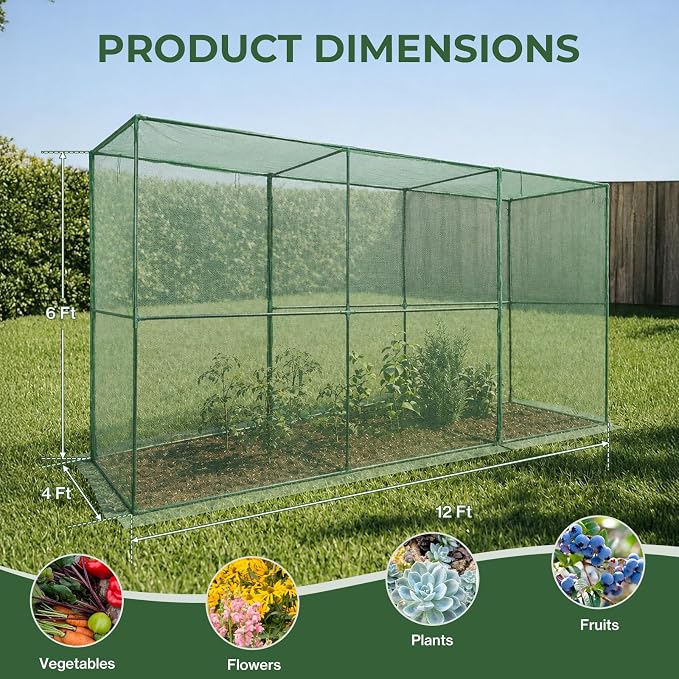 Aoodor 11x3.9x6 FT Crop Cage, Plant Protection Tent with Heavy Duty Steel Frame and Zippered Doors, Green Netting Cover for Garden, Lawn, Yard