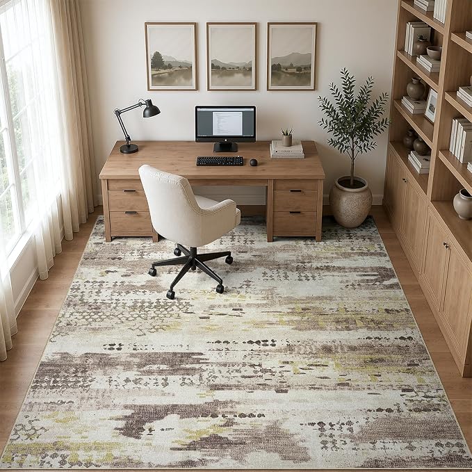DCX Washable Abstract Area Rug 8x10, Non Slip Low Pile Rug, Brown | Easy to clean, non-shedding, soft, kid & pet friendly, with a non-slip rubber backing for living rooms, bedrooms, and offices
