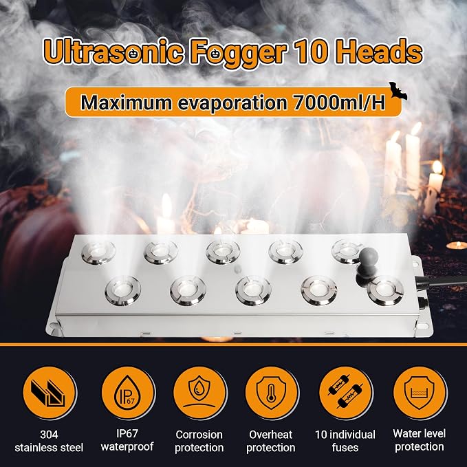 Ultrasonic Mist Fogger Maker 10 Heads, Mist Maker Fogger 7000ml/H | 350W & IP67 Waterproof Power Supply, with 2 Floats & 10 Atomizer Heads Replacements, Perfect for Pond, Greenhouse, Halloween
