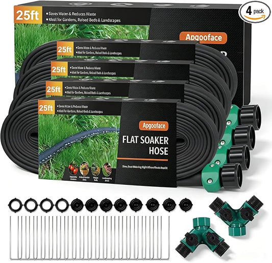 Flat Soaker Hose 25 ft 4-Pack with Splitter, 80% Water-Saving Drip Irrigation Hose 100 ft, Linkable DIY Garden Soaker Hose System for Garden Beds, Lawn, Vegetables & Trees (25ft 4-pack)