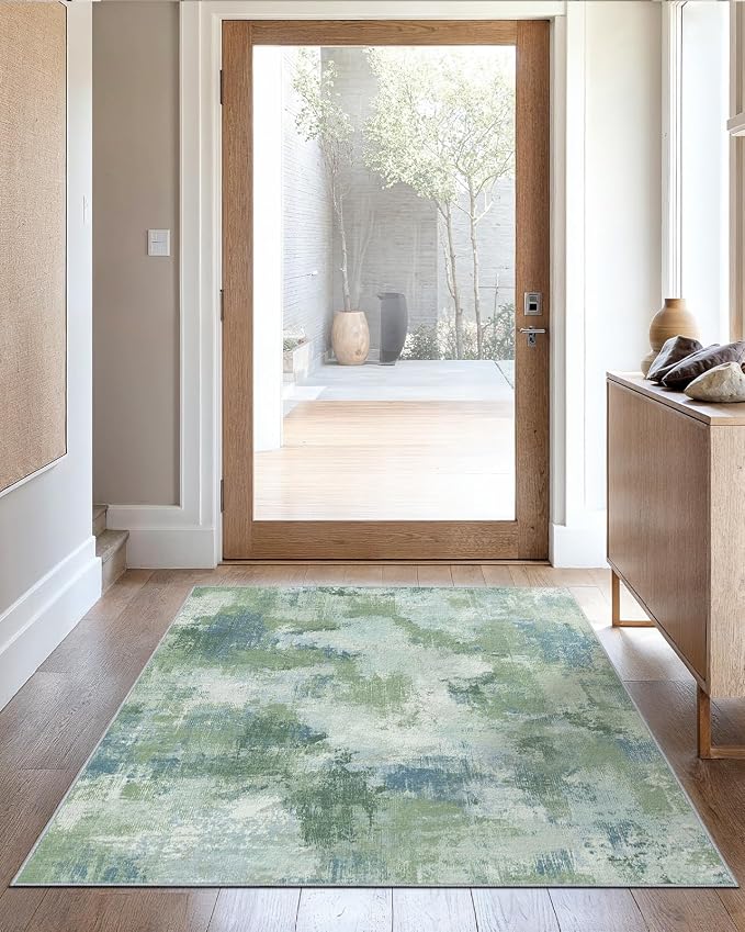 3x5 Area Rug for Bedroom, Modern Abstract Washable Rug with Non-Slip Backing & Low Pile Indoor Carpet for Living Room Dorm Bedside Entryway Office, Green