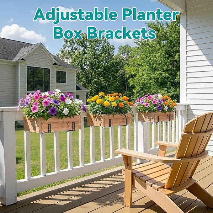 Adjustable Planter Box Brackets,Enhanced Bottom Support,Universal Outdoor Hanging Brackets,Flower Box Brackets for Fence Railings, Windowsill, Patio, Garden,Balcony. (Black)