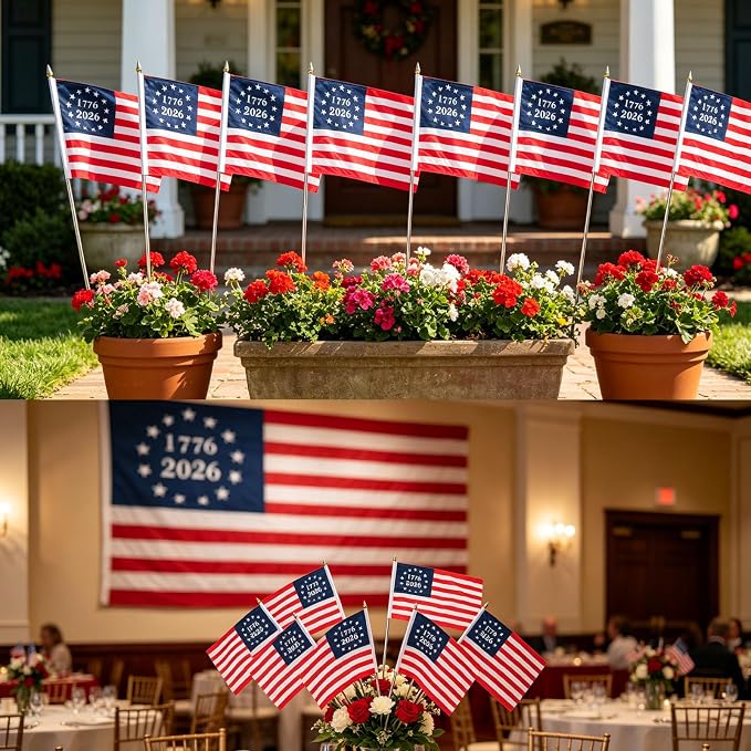 6 Pcs 250th Anniversary American Flags on Stick 12x18 Inch, 1776-2026 US Handheld Flag with Telescopic Stainless Steel Pole, Small USA Stick Flag Perfect for 4th of July Patriotic Decorations