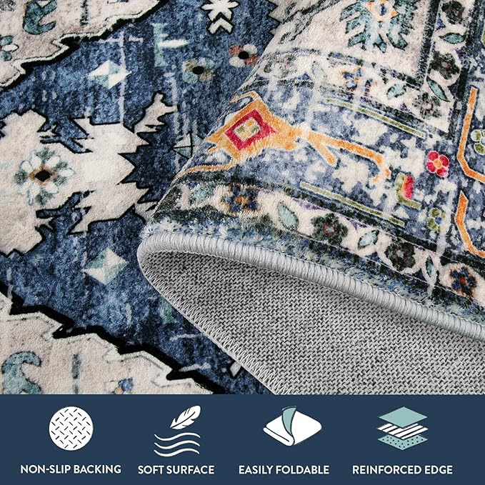 Lahome Felice Boho Tribal Runner Rug, 2x4.3 Blue Hallway Runners Rug Small Bathroom Rugs, Oriental Soft Machine Washable Non Slip Bedside Carpet Runner for Bedroom Entrance Kitchen Laundry