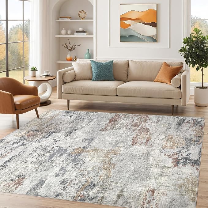 DMOYEST 8x10 Area Rug for Living Room Washable Abstract Indoor Carpet | Neutral Modern Low Pile Rugs Kid & Pet Friendly Large Soft Thin Carpet for Bedroom Dining Room - Grey/Orange/Yellow