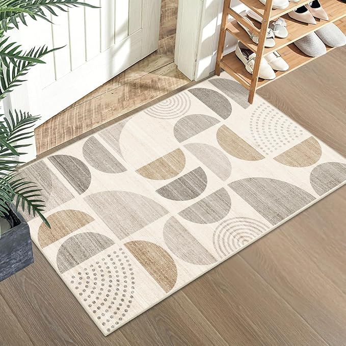 Boho Small Rug Washable,2x3 Area Rugs Non Slip Modern Abstract | Machine Washable Throw Carpet for Entryway Bathroom Entry Entrance Bedroom Kitchen Soft Low Pile Floor Indoor Neutral Beige