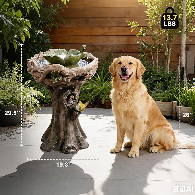 29.5" Bird Bath and Bird Feeder Combo for Garden - Tree Stump Design Resin Birdbath with Leaf Shape Seed Tray and 3D Bird Ornaments, Weather Resistant Garden Statue for Yard & Patio Decor (Brown)