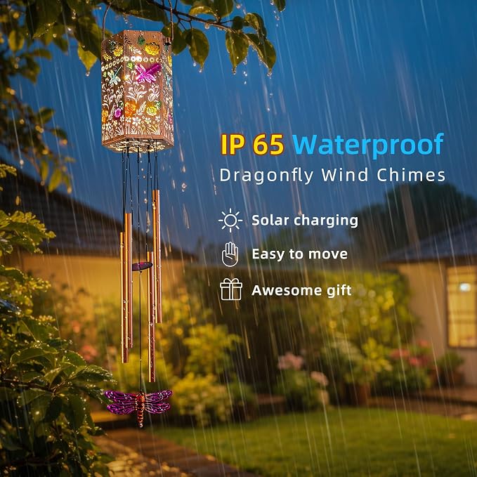 Dragonfly Solar Wind Chimes for Outside, Solar Lantern Outdoor Waterproof Lights for Home Garden Yard Decor, Birthday Gifts for Mom Grandma Women