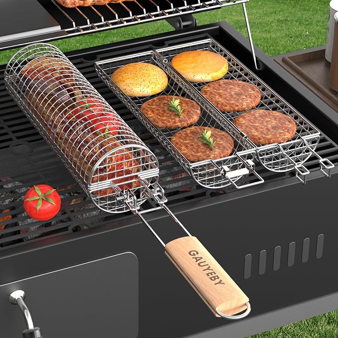 Rolling Grill Basket, Grill Baskets for Outdoor Grill, REMOVABLE HANDLE, Anti-Scorch Stainless Steel BBQ Net Tube for Meat, Shrimp, Vegetables, Grill Accessories, Gifts for Dad, Husband (Round)