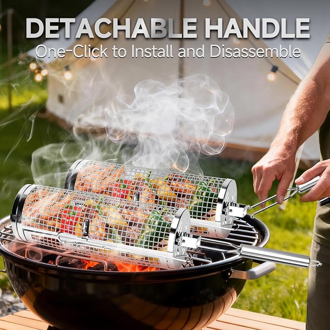 Chenovate® Heavy Duty Rolling Grill Baskets with Side-opening and Removable Handle,Grill Accessories for Veggies Shrimp Meat,Food-grade Stainless Steel,Kitchen Gadgets Fits Outdoor Cooking & Picnics,Camping Essentials,Ideal Gifts for Father's Day,Festi...