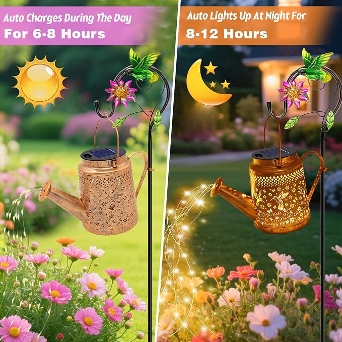 VOOKRY Solar Lights Outdoor Waterproof, Hummingbird Retro Metal Solar Watering Can Lights, Gifts for Women Mom Grandma Birthday, Hanging Lantern Decorative Garden Decor for Outside Yard Lawn Patio