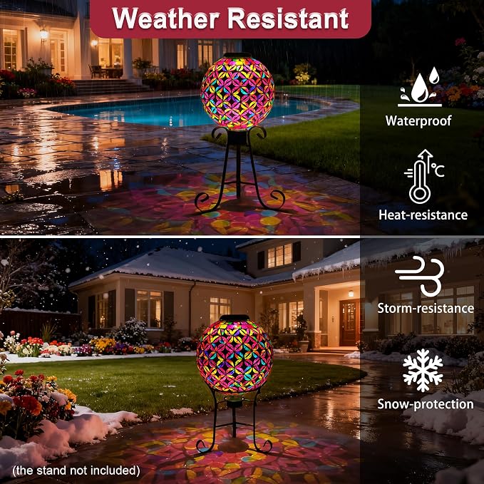 SAVENNA Mosaic Solar Gazing Ball 10 Inch, Glass Garden Globe with Auto On/Off for Yard, Lawn & Outdoor Decor, Multicolor Geometric
