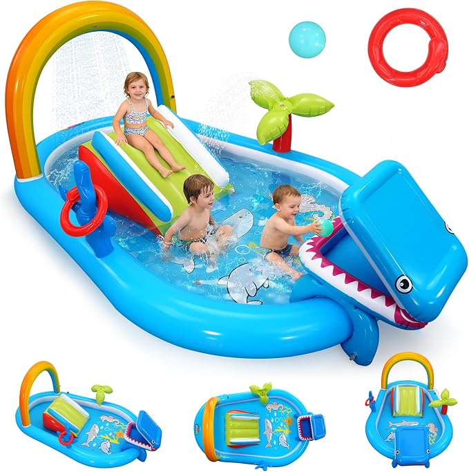 Whubefy Inflatable Kids Play Center Outdoor/Indoor 98 × 64 × 39 in Kid Pool Slide, with Water Sprayer, Waterfall, and Ocean Ball, Multicolor (Without Blower)