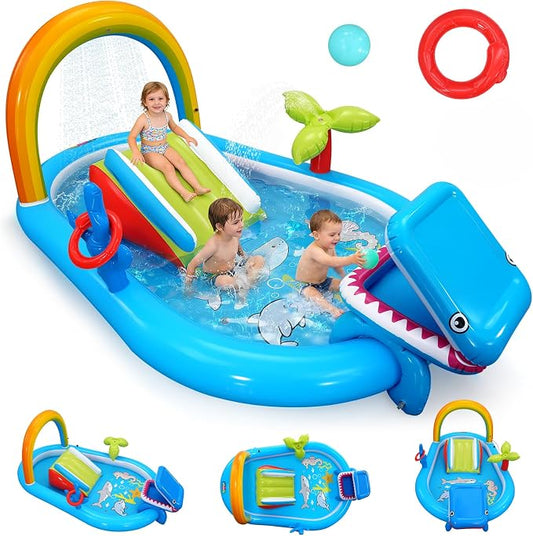 Whubefy Inflatable Kids Play Center Outdoor/Indoor 98 × 64 × 39 in Kid Pool Slide, with Water Sprayer, Waterfall, and Ocean Ball, Multicolor (Without Blower)