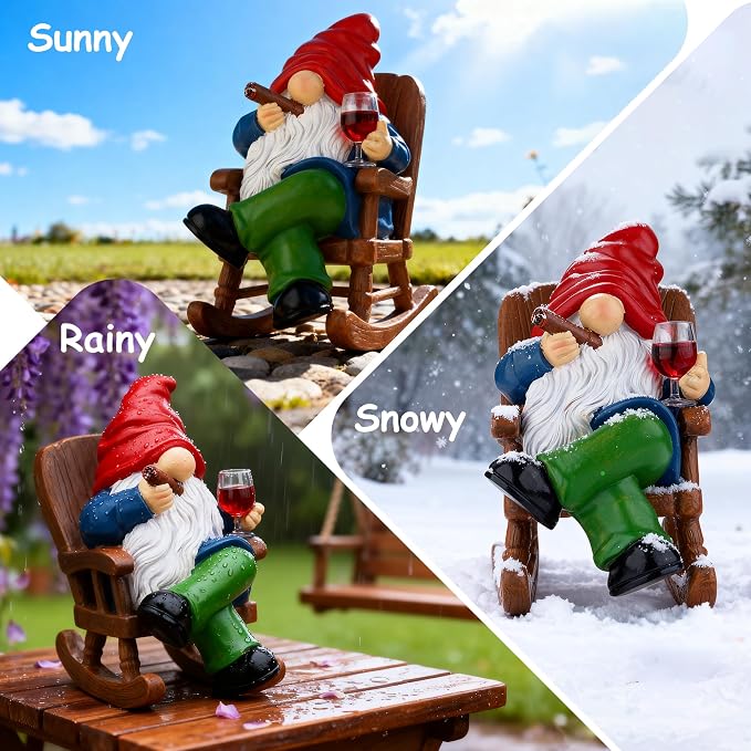 Funny Garden Gnomes for Outdoor, 7 Inch Gnomes Decorations for Yard with Rocking Chair & Wine Glass, Gnome Garden Decor for Home Patio Lawn, Gnomes Gifts for Women Spring Summer Christmas Halloween