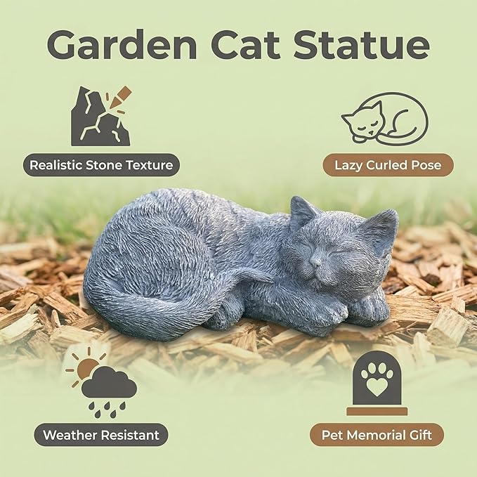 Cat Garden Statue Decoration, Memorial Stone Peaceful Sleeping Figurine for Patio Lawn Porch, 11.5" Cat Memorial Statue Grave Markers and Loss Pet Sympathy Gift