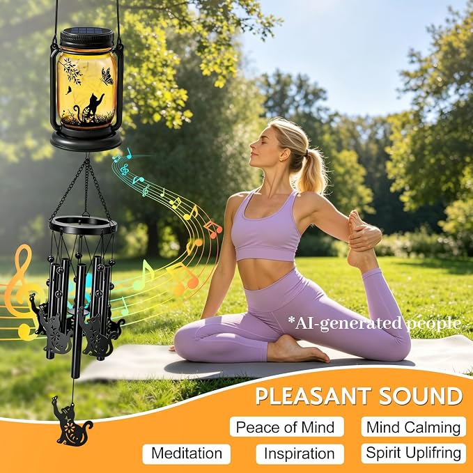 2 Pack Solar Cat Wind Chimes for Outside, Birthday Mother' s Day Gifts for Mom Women Grandma,Solar Cat Wind Chime Light Hanging Wind Chimes Outdoor,IP65 Waterproof, Yard Garden Terrace