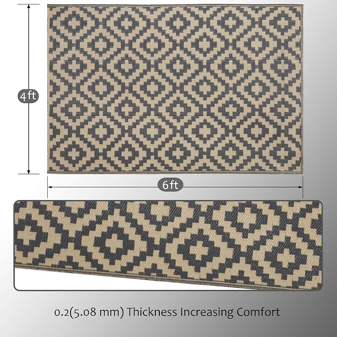 SAND MINE Reversible Mats, Plastic Straw Rug, Modern Area Rug, Large Floor Mat and Rug for Outdoors, RV, Patio, Backyard, Deck, Picnic, Beach, Trailer, Camping (4' x 6', Grey Tan Lattice)
