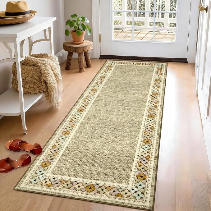 Garvee 2x6 Tribal Border Kitchen Rugs Washable Rugs for Hallway, Linen | Floral Border Area Rug Stain Resistant Easy Cleaning Throw Rugs Low Pile Floor Cover for Bedroom Laundry