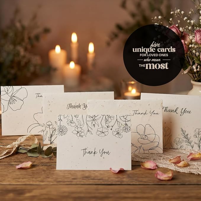 Thank You Cards – 5 Sets of Gift Cards with White Envelope Each, Embedded with Wildflower Seeds, Plantable and Writable Greeting Cards for Weddings, Baby Showers, Teachers, Friends, Business, and Everyday Gratitude