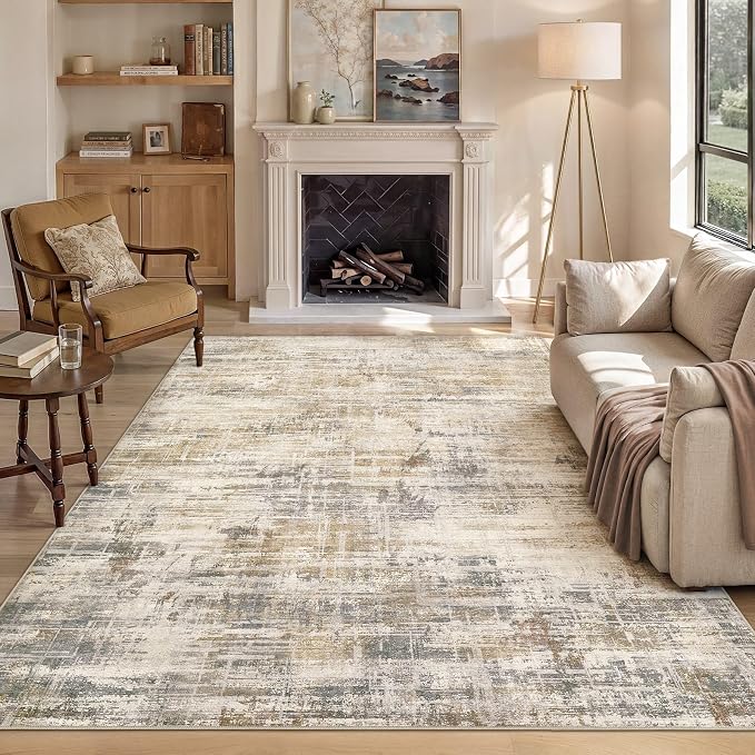 UERMEI 5x7 Area Rug for Living Room Washable Abstract Golden Brown Carpet | Low Pile Non-Slip Soft Neutral Modern Kid Pet Friendly Large Rugs For Bedroom Dining Room Nursery Office Indoor Decor