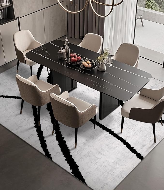 Modern Area Rugs for Bedroom,5x7 Washable Black and White Rug, Thin Abstract Geometric Minimalist Striped Rug, Black Rugs for Bedroom,Kitchen,Dining Room Office